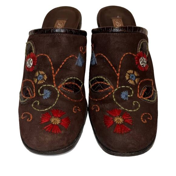 Brighton Fiona Mules Size 8.5N Brown Leather Embroidered Floral Nubuck Suede - Picture 3 of 16
